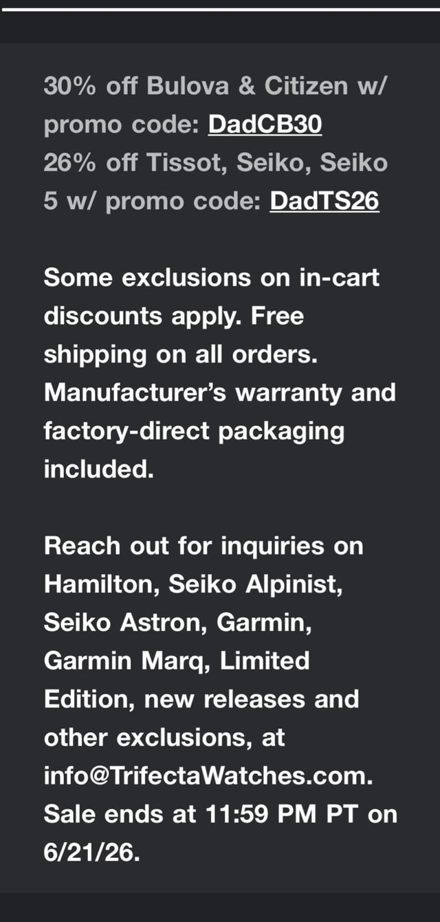 Trifecta Watches Father’s Day VIP Sale - 30% off Bulova and Citizen and 26% off Seiko and Tissot