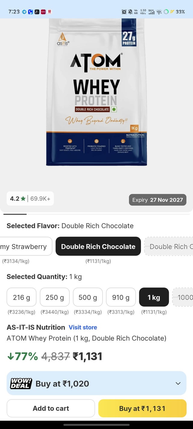 ASITIS ATOM ONE WHEY PROTEIN @1131 ! Ordered 3 KG On Flipkart!