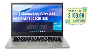 Acer Vero 514 Chromebook (Cert. Refurbished): 14" FHD (1920x1080) 16:9, 300-nits, 99% sRGB, IPS Display, Intel i3-1215U, Intel UHD Graphics, 8GB RAM, 128GB SSD, Now