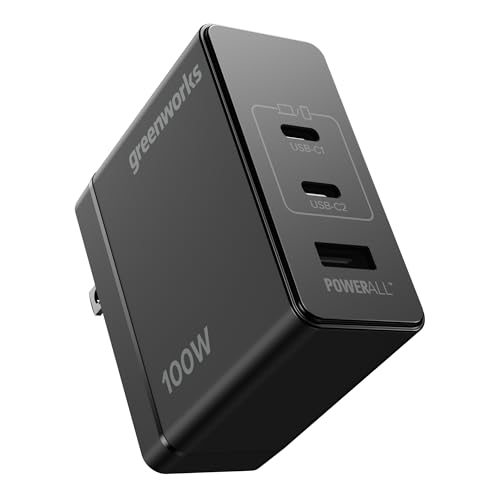 Greenworks POWERALL 100W USB-C, USB-A GaN Charger, 3-Port Foldable and Compact