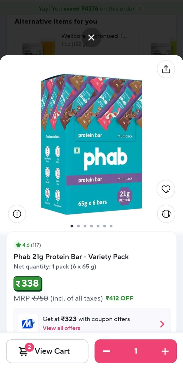 Phab protein bar deal! 2.3rs/protein. Phab is a popular brand. Zepto